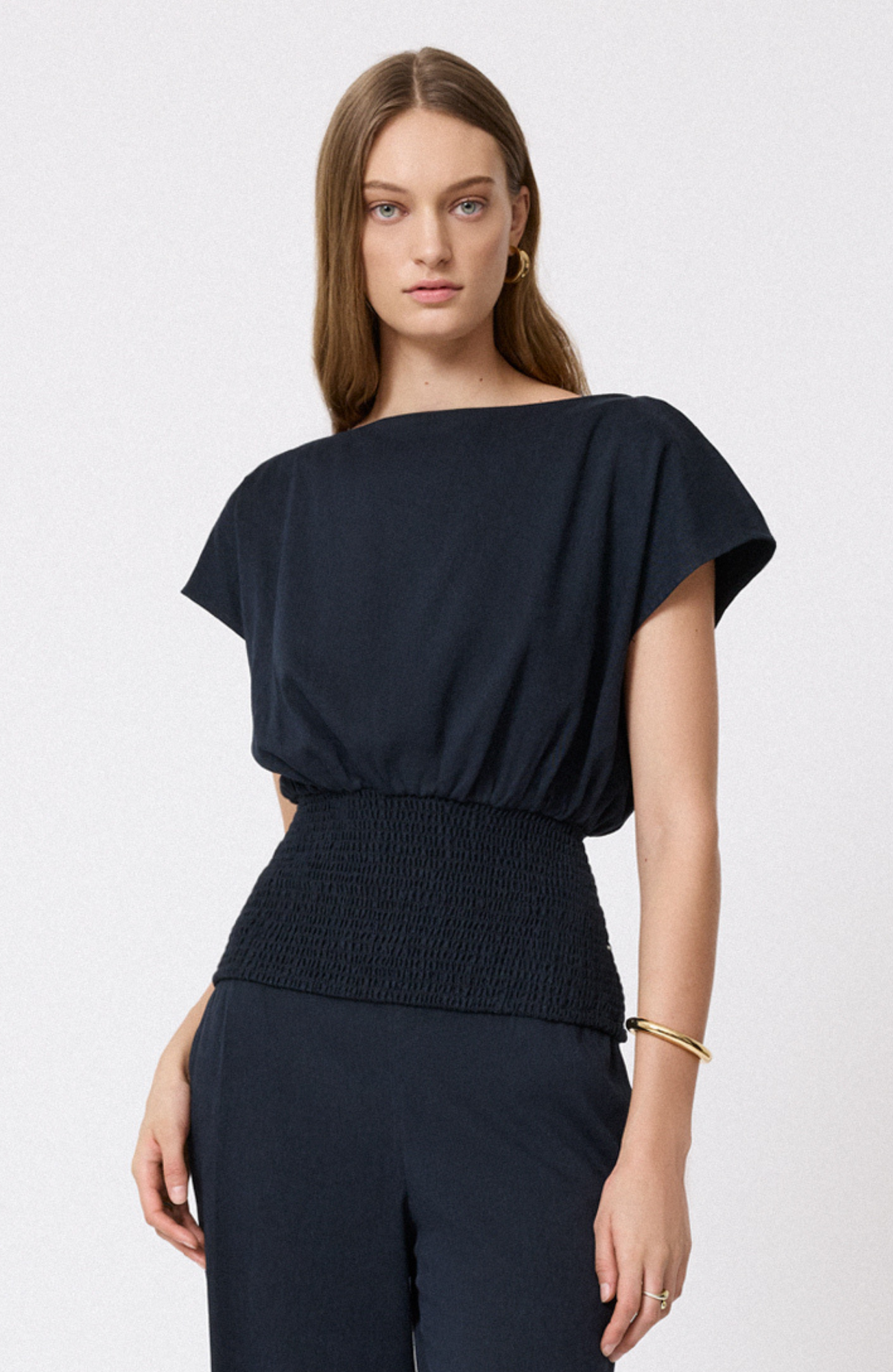 Linen Smocked Top | Navy