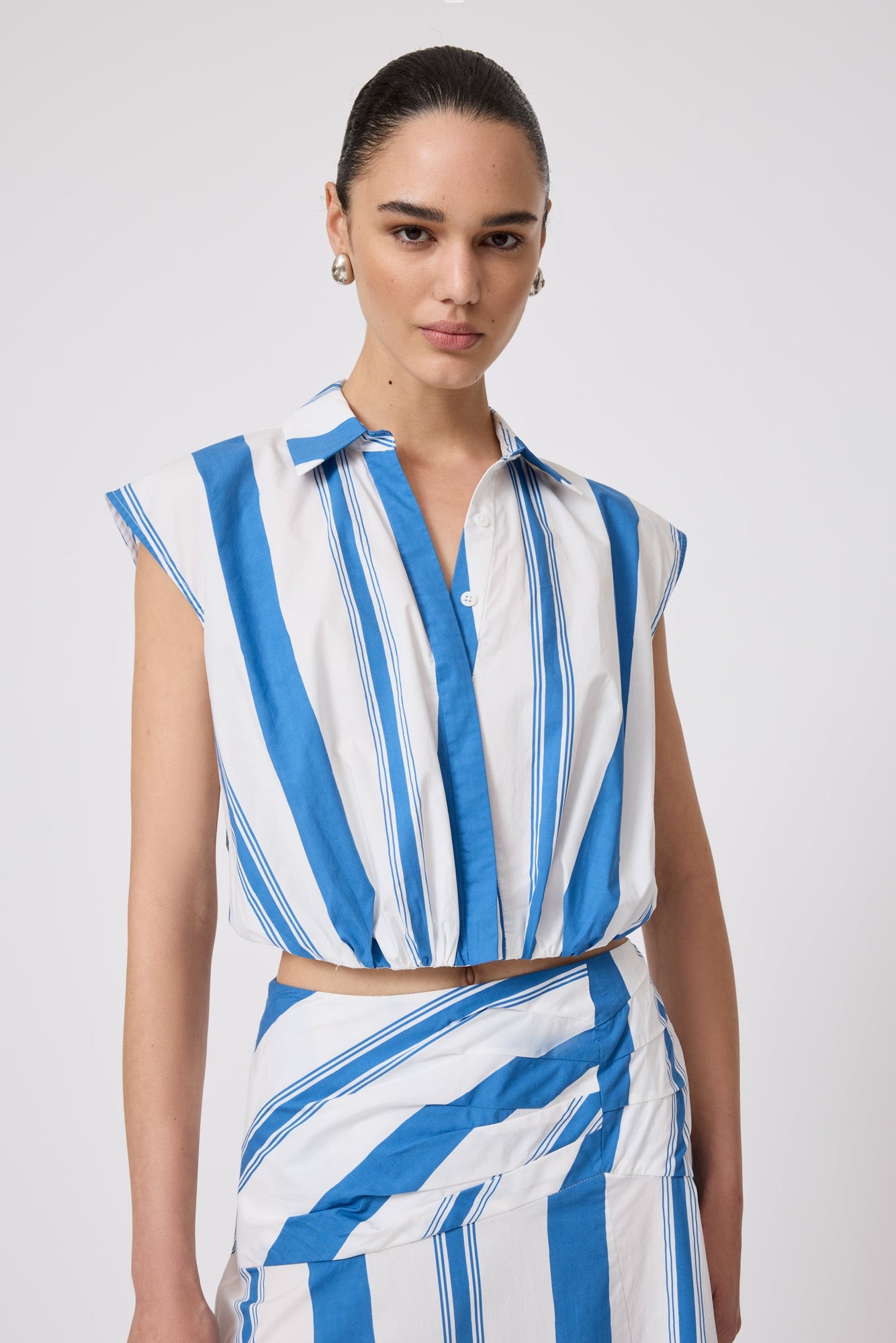Striped Cotton Poplin Sleeveless Top | Blue/White