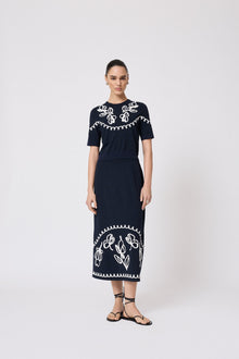 Floral Embroidered Skirt | Navy
