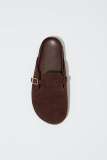 Brown suede slipper with gold buckle strap on the side, shown from above.
