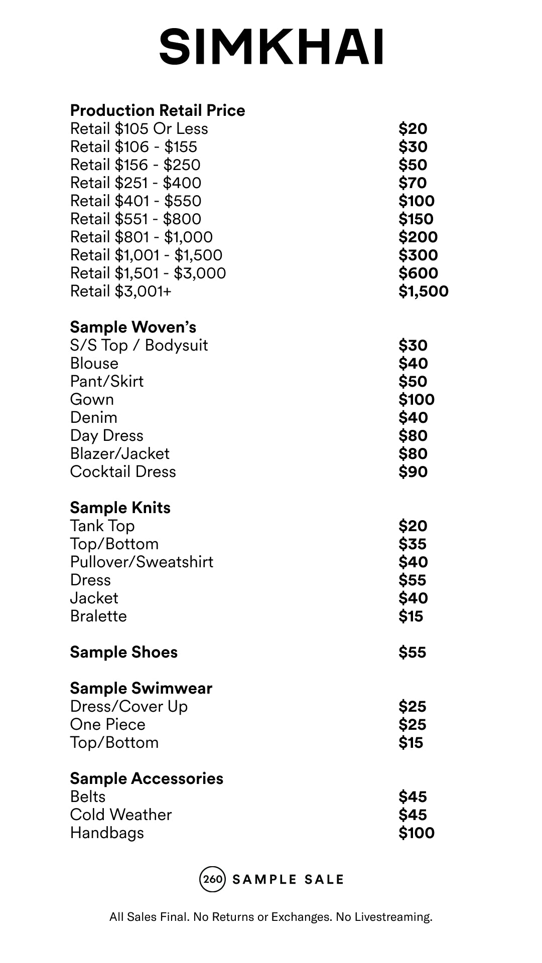 Price table