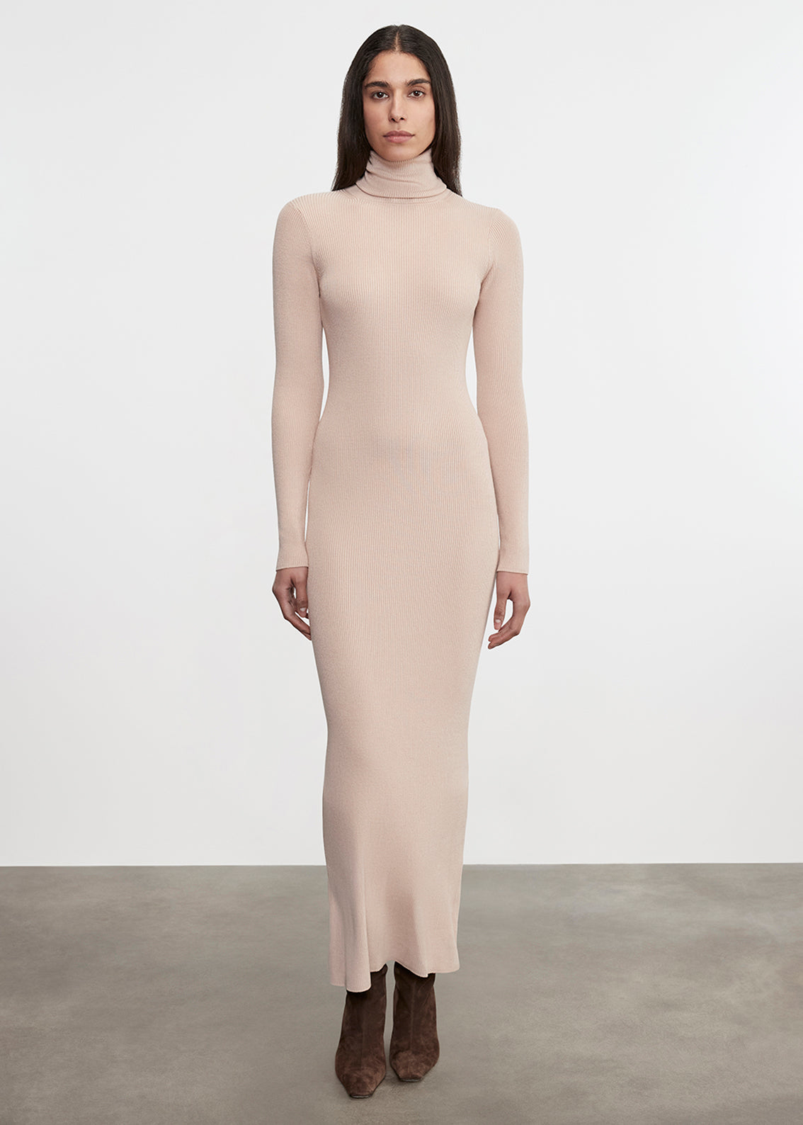 Silk Sweater Rib Ankle Turtleneck Dress