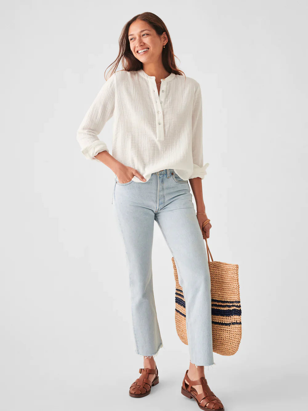 Womens | Dream Cotton Gauze Collarless Shirt | White