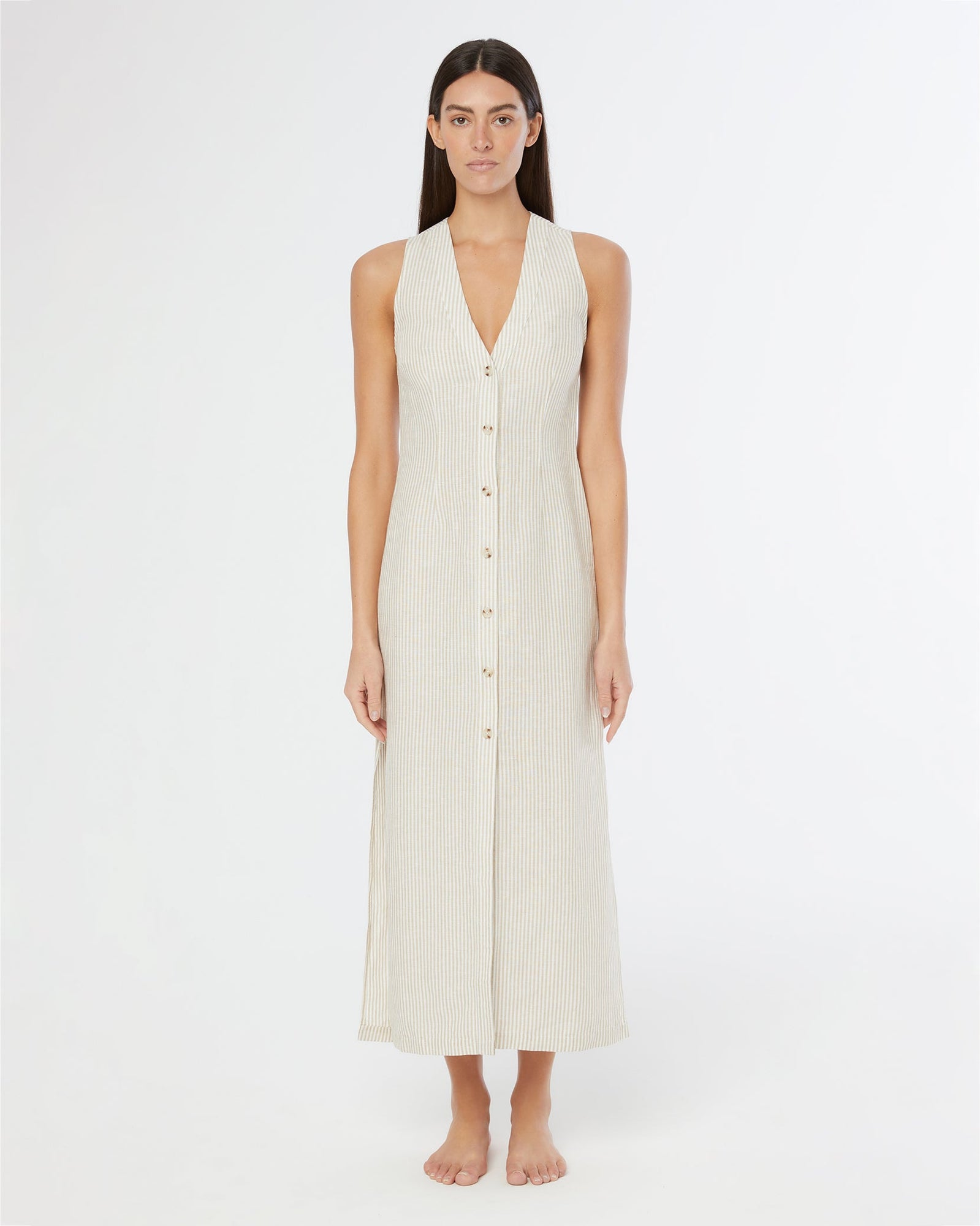 Womens | Air Linen Button Down Maxi Dress | Jute/White