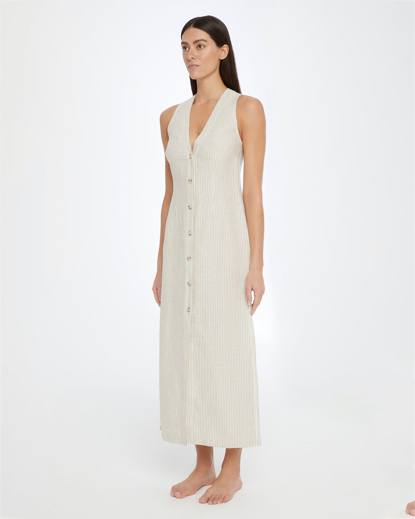 Womens | Air Linen Button Down Maxi Dress | Jute/White