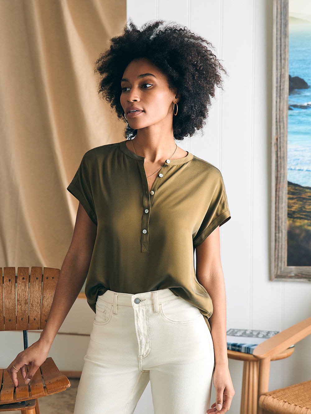 Womens - Sandwashed Silk Desmond Top | Military Olive