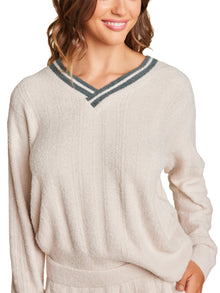 Womens | CozyChic Lite V Neck Pointelle Pullover | Sand Dune/Deep Juniper