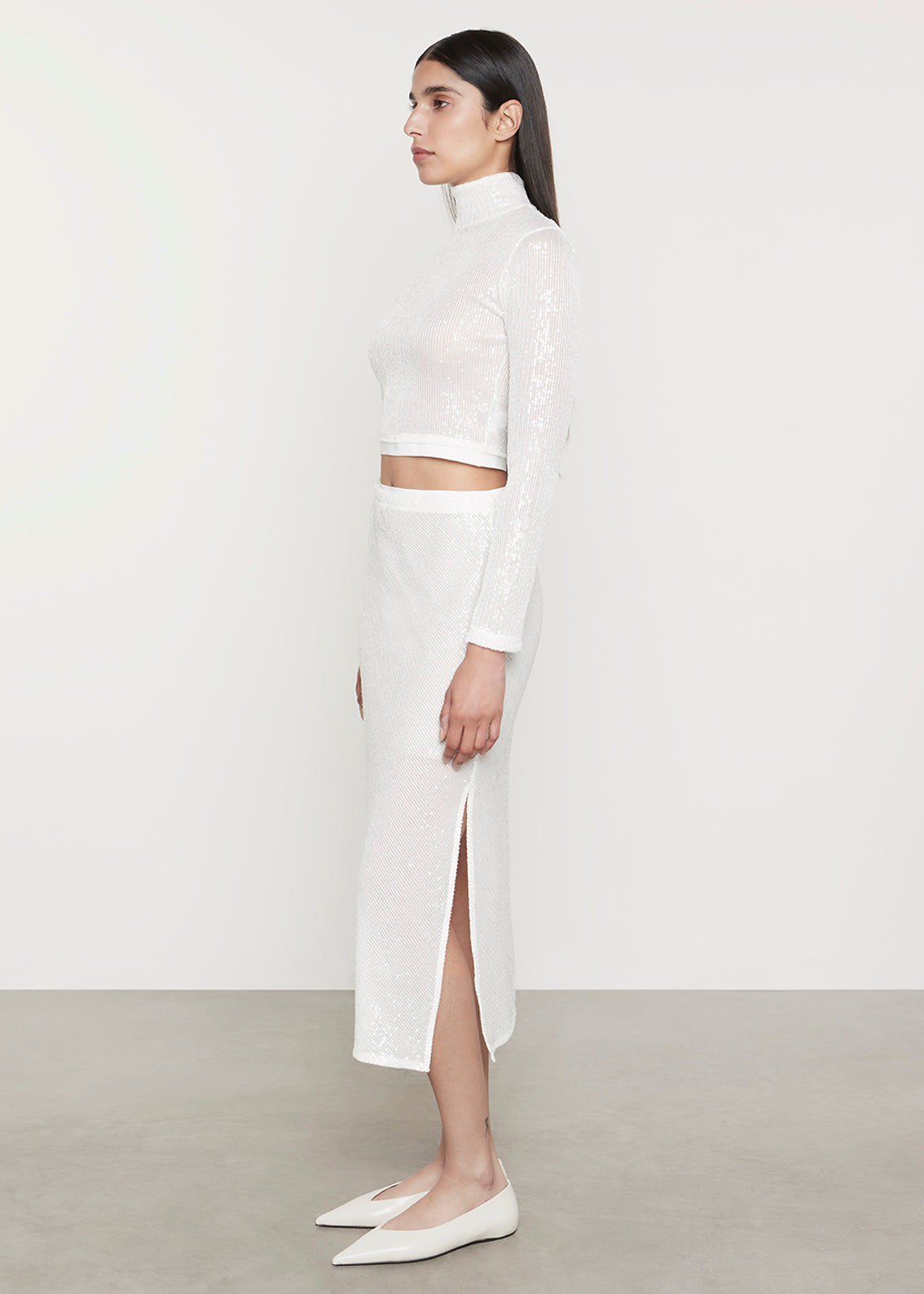 Sequin Cropped L/S Mock Neck | Off White
