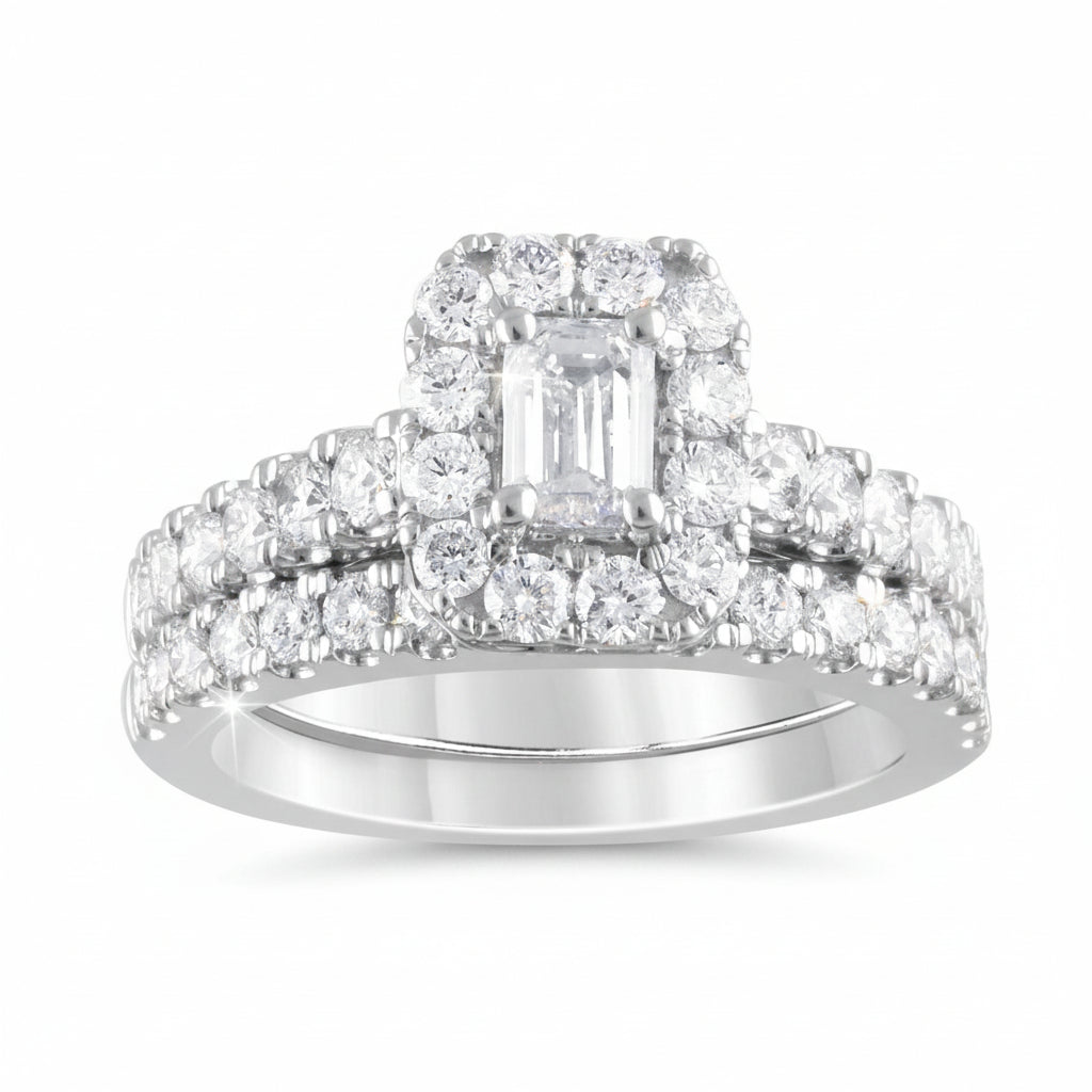 2.00 CT Emerald/Round Natural Diamond | Bridal Set Ring | 14K White Gold | J-K Color | I1 Clarity