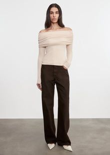 Silk Rib L/S Off-Shoulder Top | Fawn
