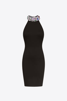 Crystal Gemstone Cluster Halter Mini Dress | Black