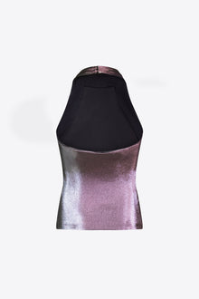 Stretch Lame Rosette Halter Top | Pink/Silver