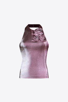 Stretch Lame Rosette Halter Top | Pink/Silver