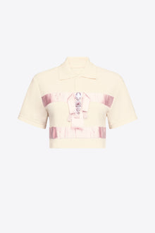 Crystal Embellished Bow Cropped Polo | Cream/Pink