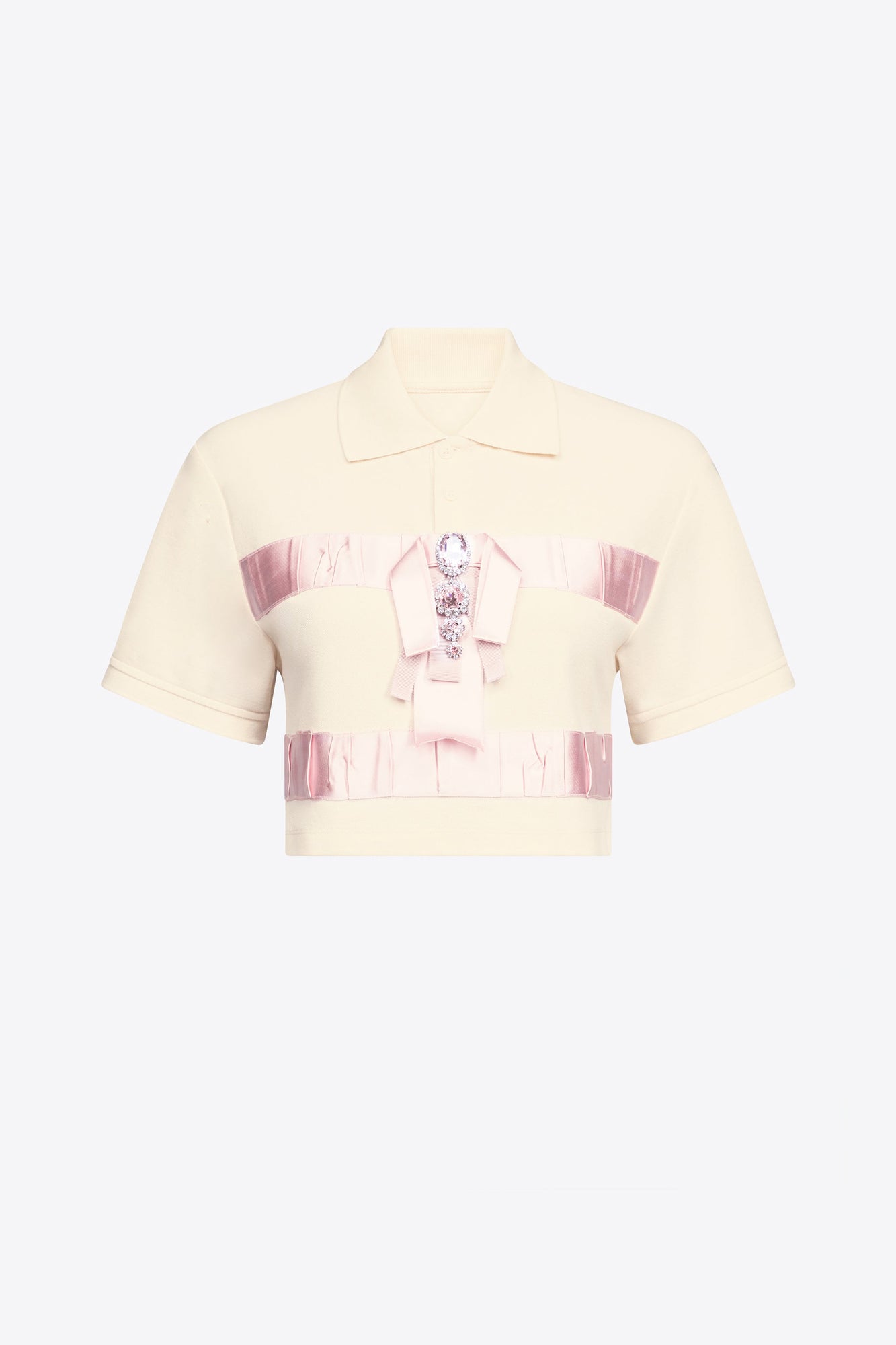 Crystal Embellished Bow Cropped Polo | Cream/Pink