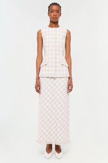 Sleeveless beige and white gingham vest with button front and peplum waist detail.