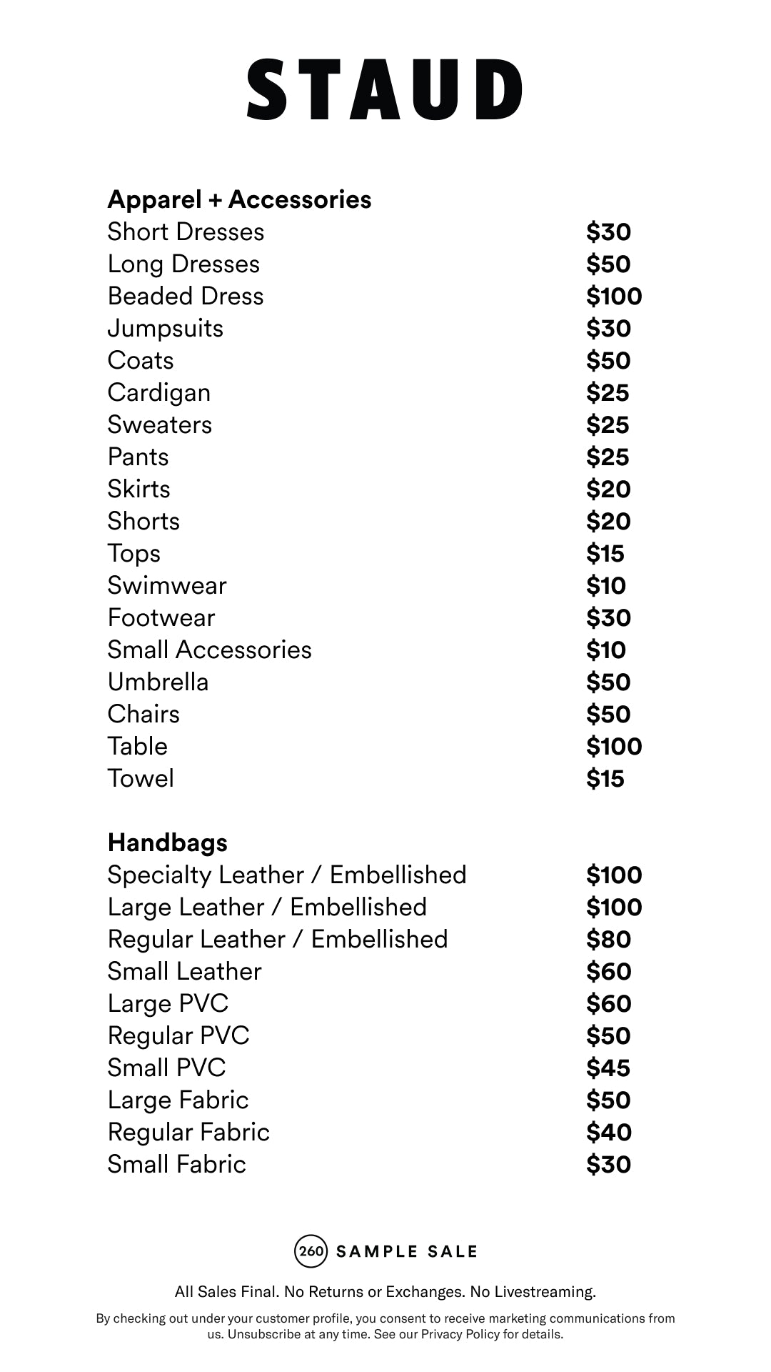 Price table