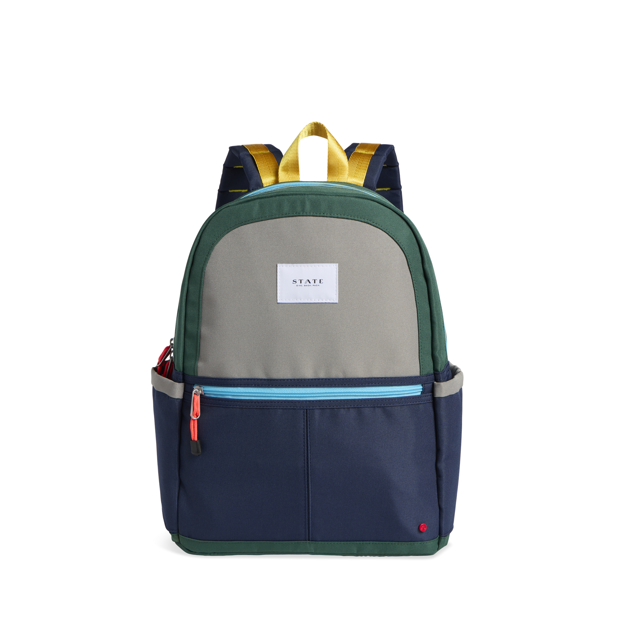 state bags kane kids double pocket backpack polyester canvas green/navy front view click to zoom