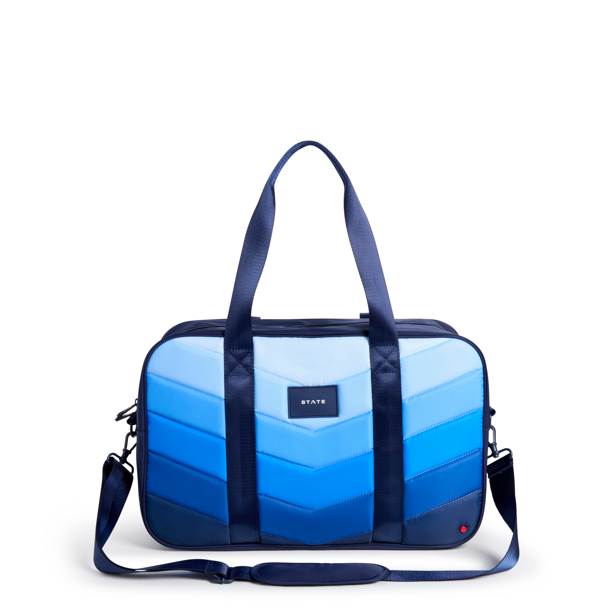 STATE Bags Rockaway Duffle Nylon Puffer Blue Chevron Front View Click to Zoom