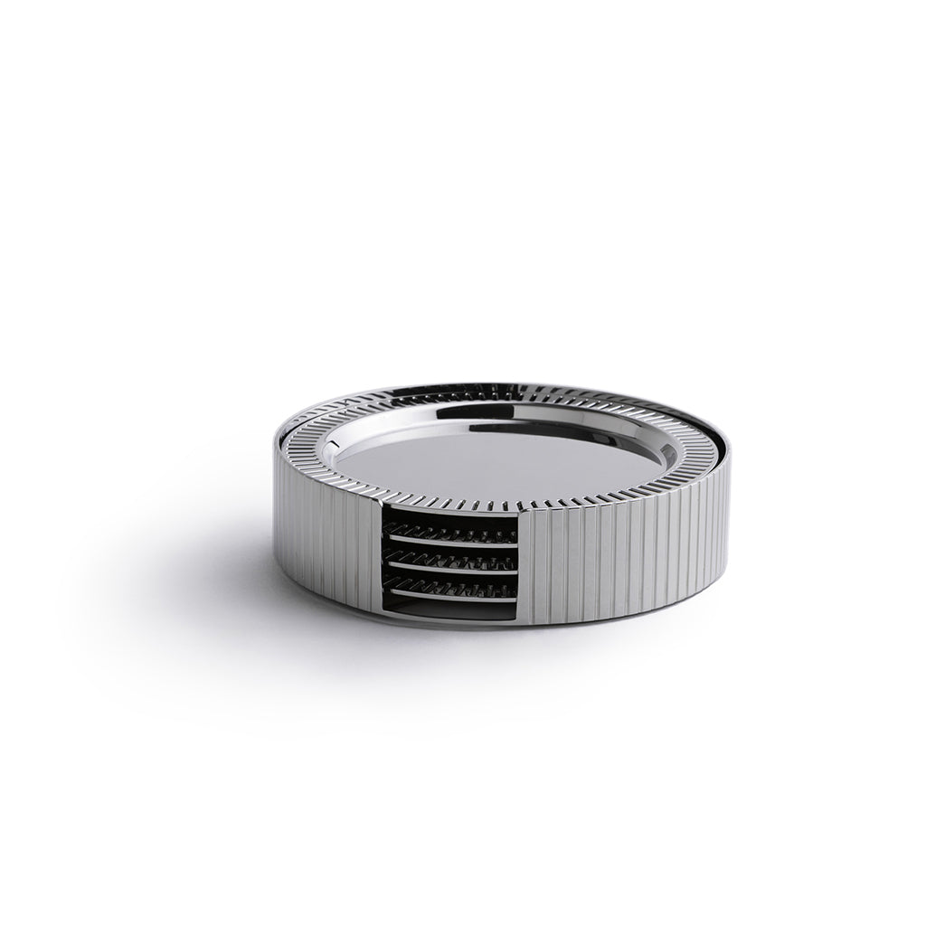 Striations Coasters in Holder | Silver-Plated Stainless Steel | Set of 4 & Holder
