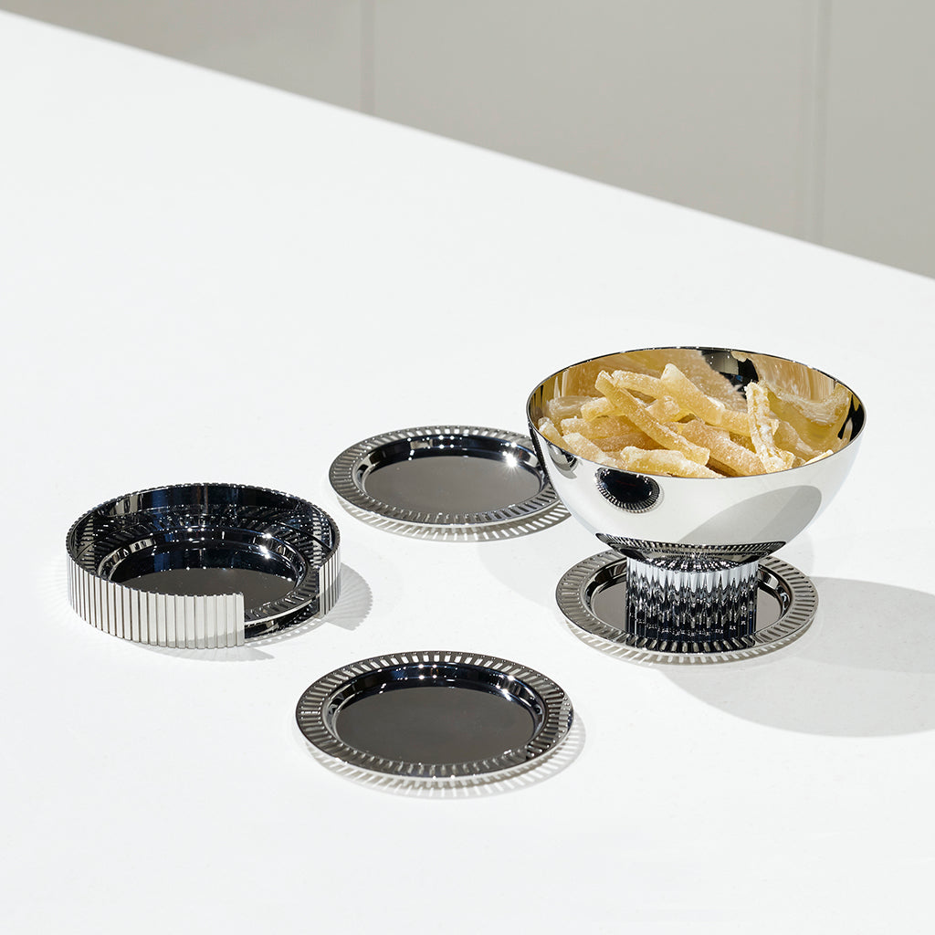 Striations Coasters in Holder | Silver-Plated Stainless Steel | Set of 4 & Holder