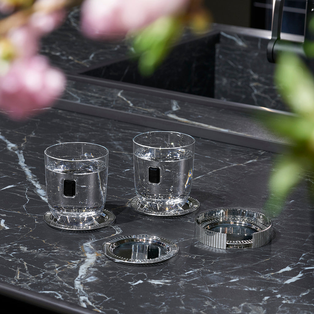 Striations Coasters in Holder | Silver-Plated Stainless Steel | Set of 4 & Holder