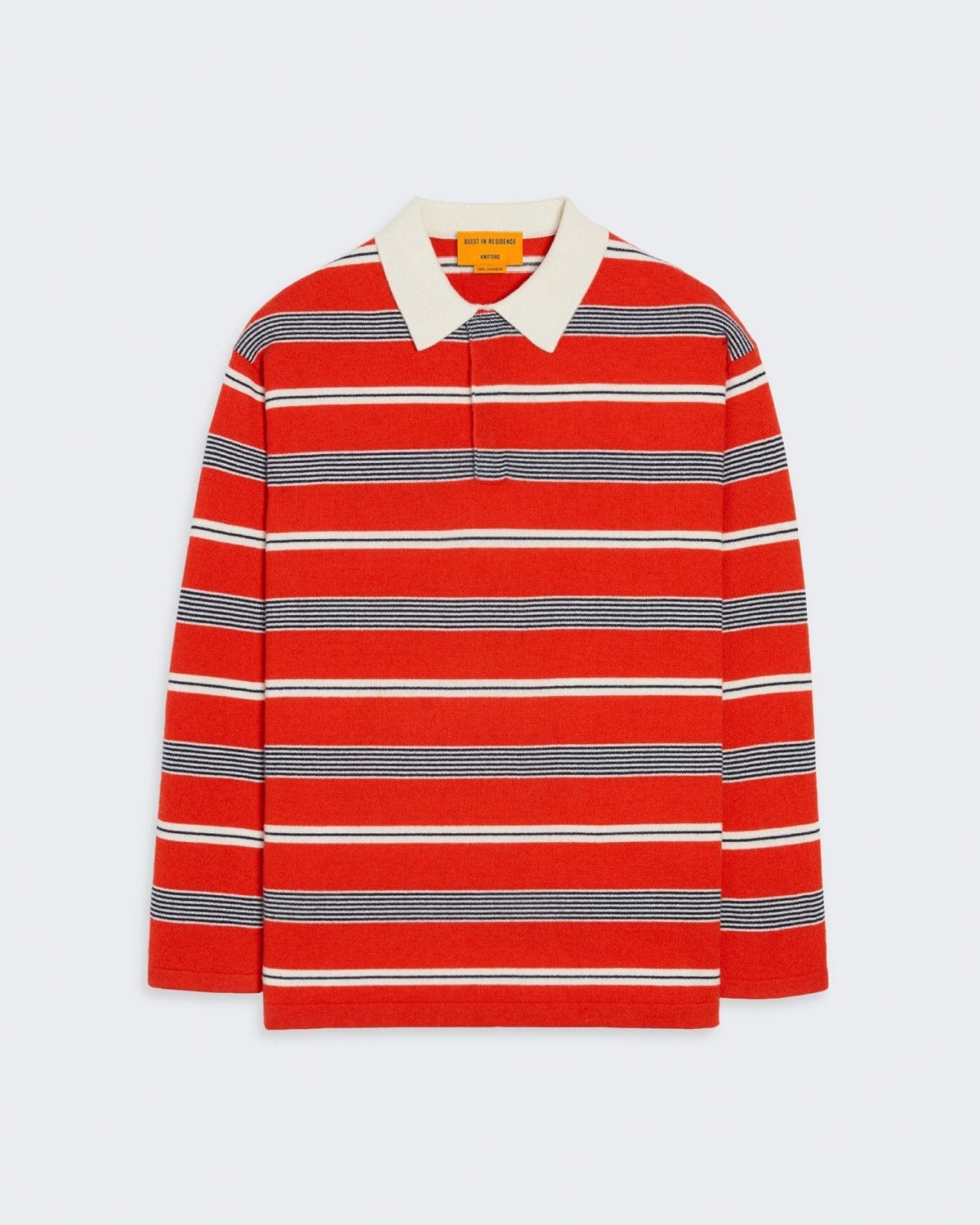 Striped Rugby - Cherry Combo men's medium-weight knit cashmere rugby shirt with collar and button closure