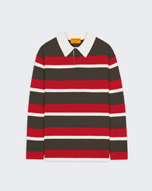 Striped Rugby - Chestnut/True Red Stripe long sleeve cashmere rugby shirt with collar and button closure