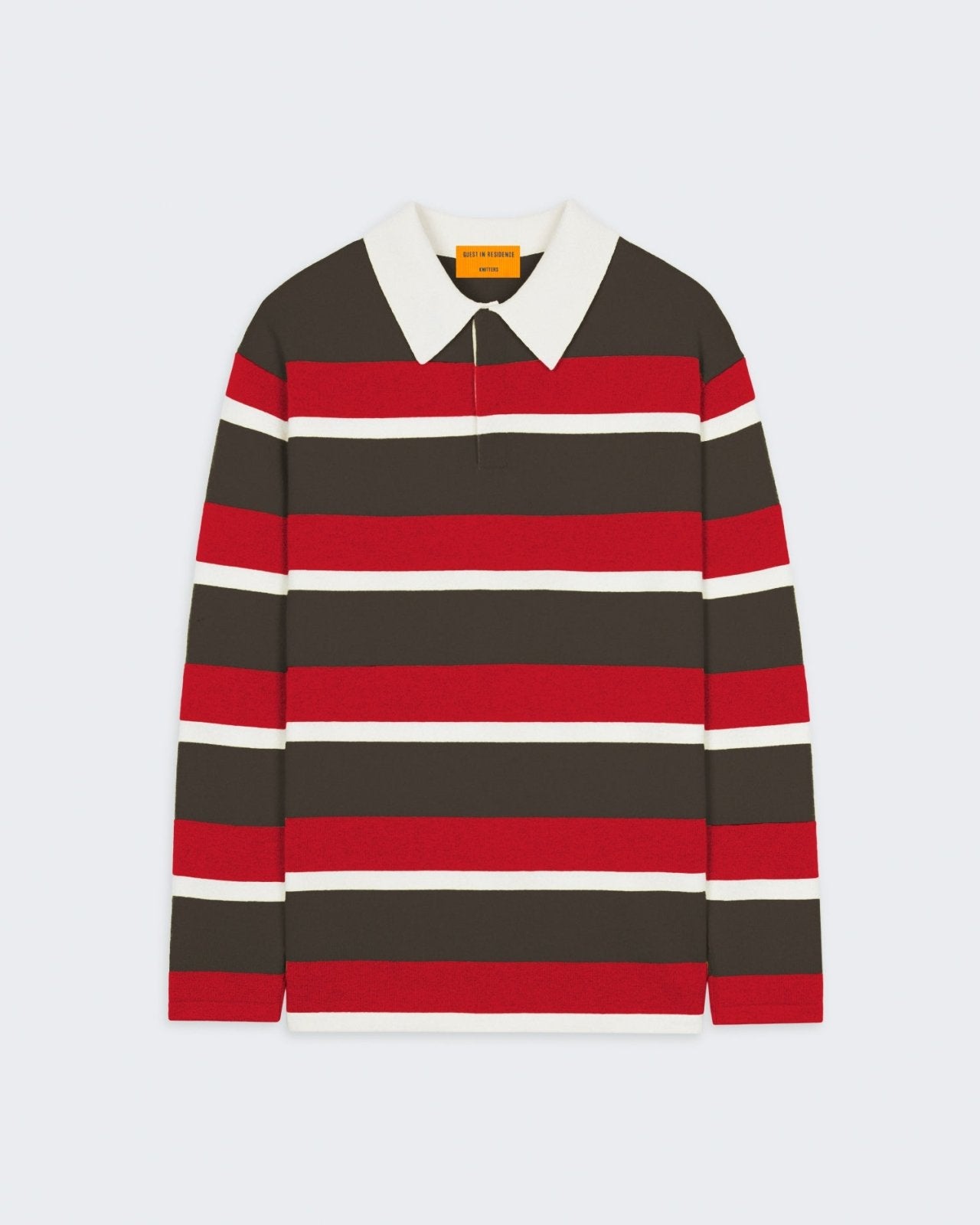 Striped Rugby - Chestnut/True Red Stripe long sleeve cashmere rugby shirt with collar and button closure