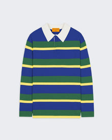Striped Rugby - Cobalt/Rainforest Stripe men's cashmere rugby with blue, green, and yellow stripes and white collar.