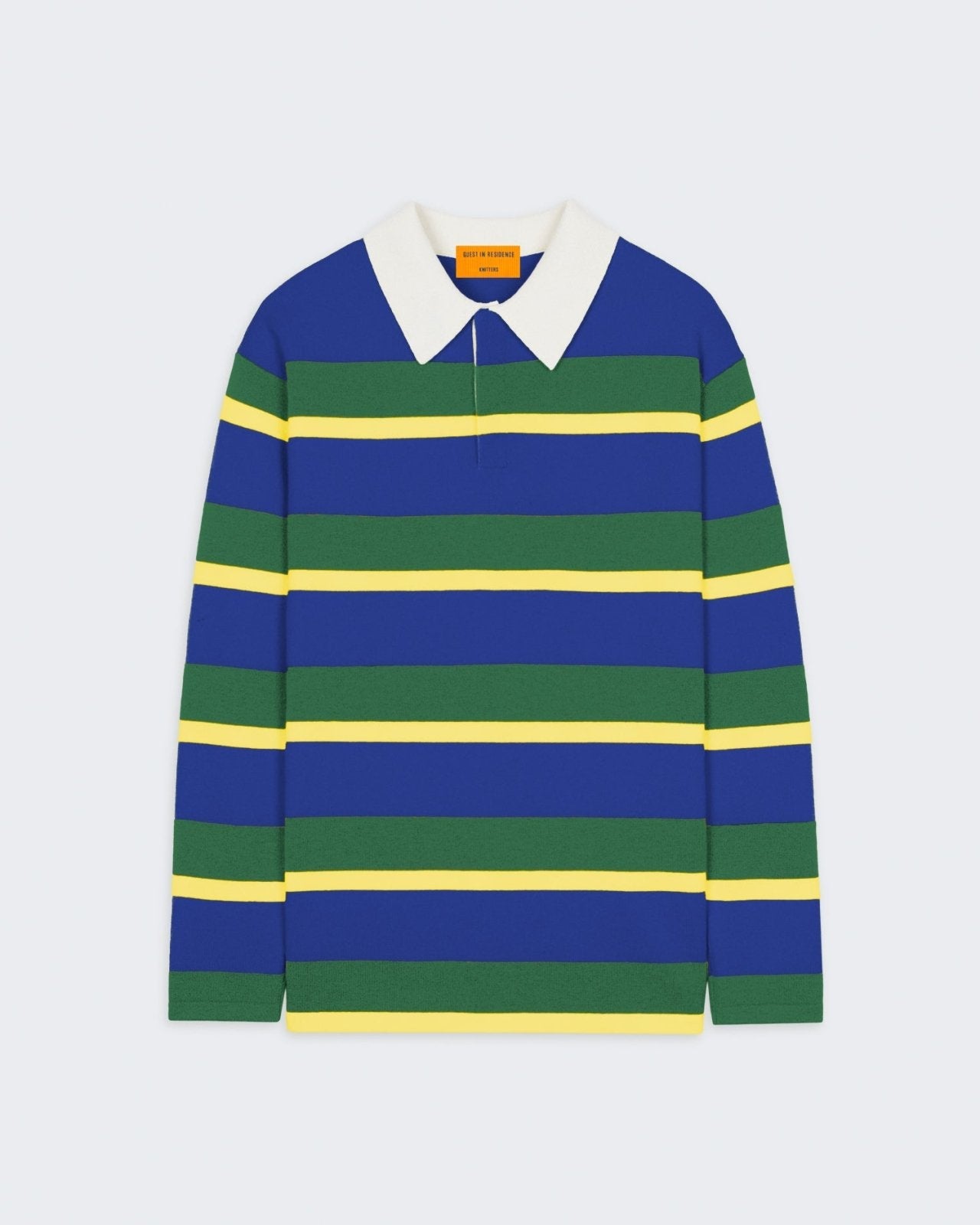 Striped Rugby - Cobalt/Rainforest Stripe men's cashmere rugby with blue, green, and yellow stripes and white collar.
