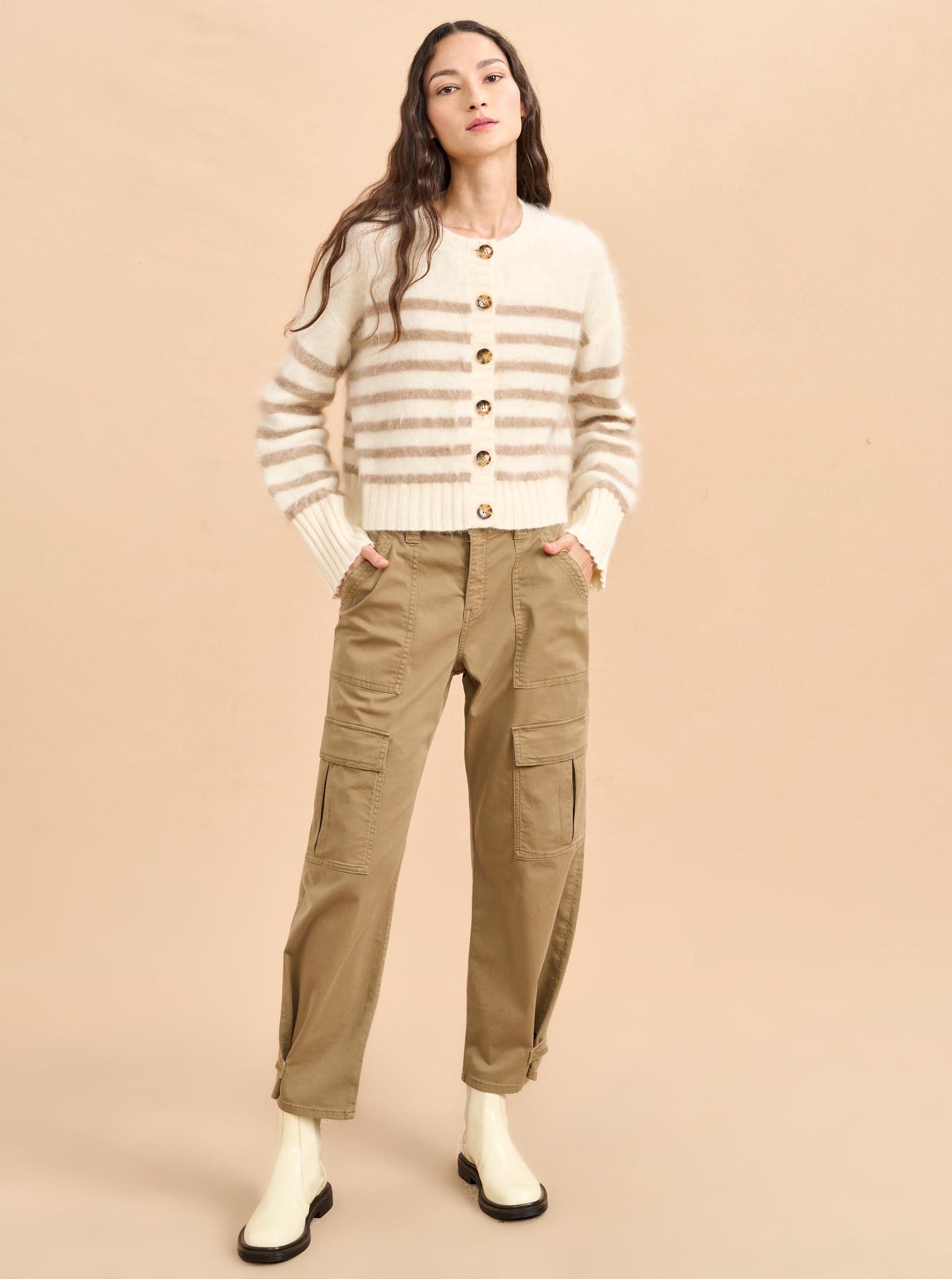 Striped Teddy Cardigan | Cream x Tan