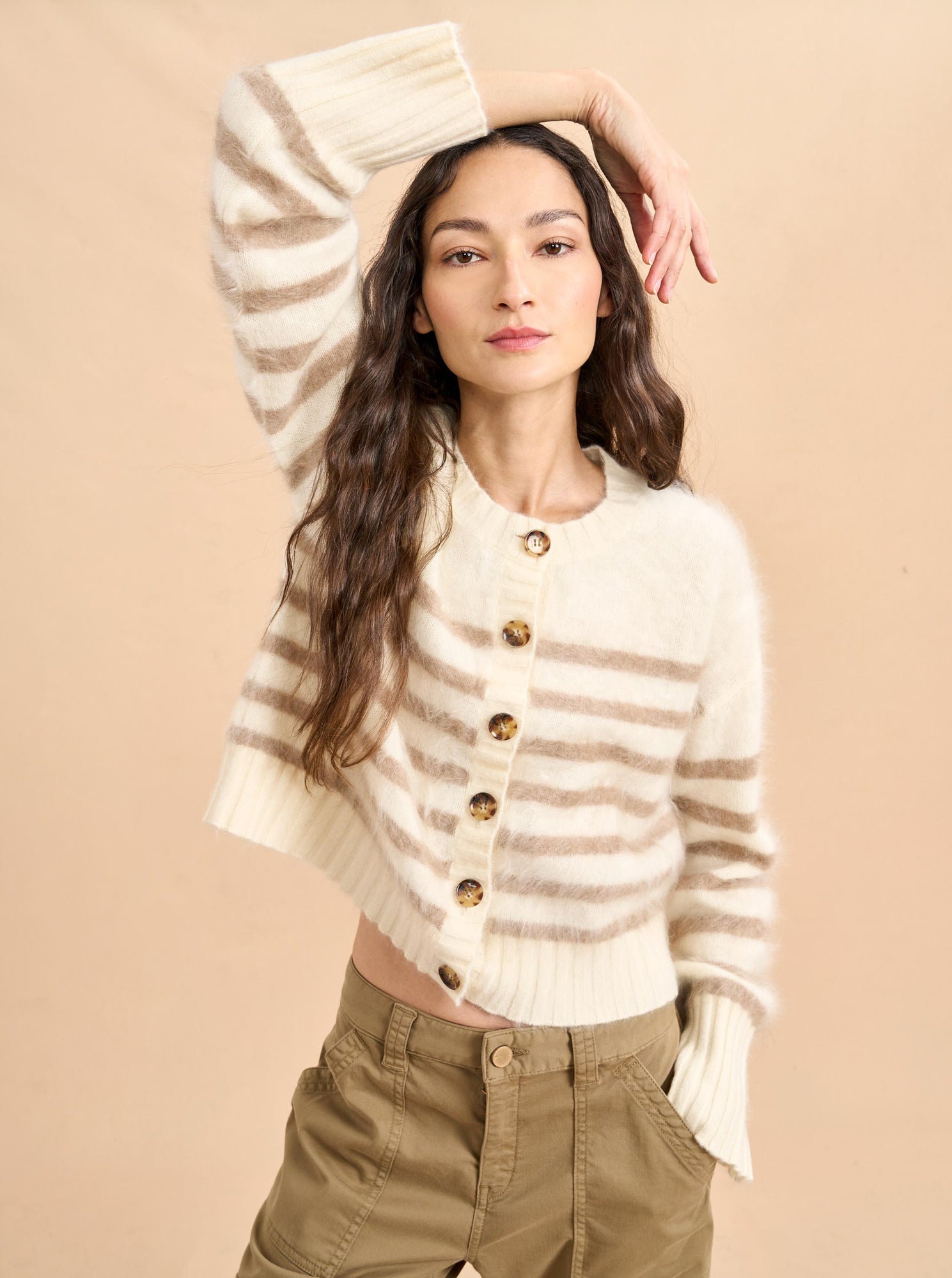 Striped Teddy Cardigan | Cream x Tan