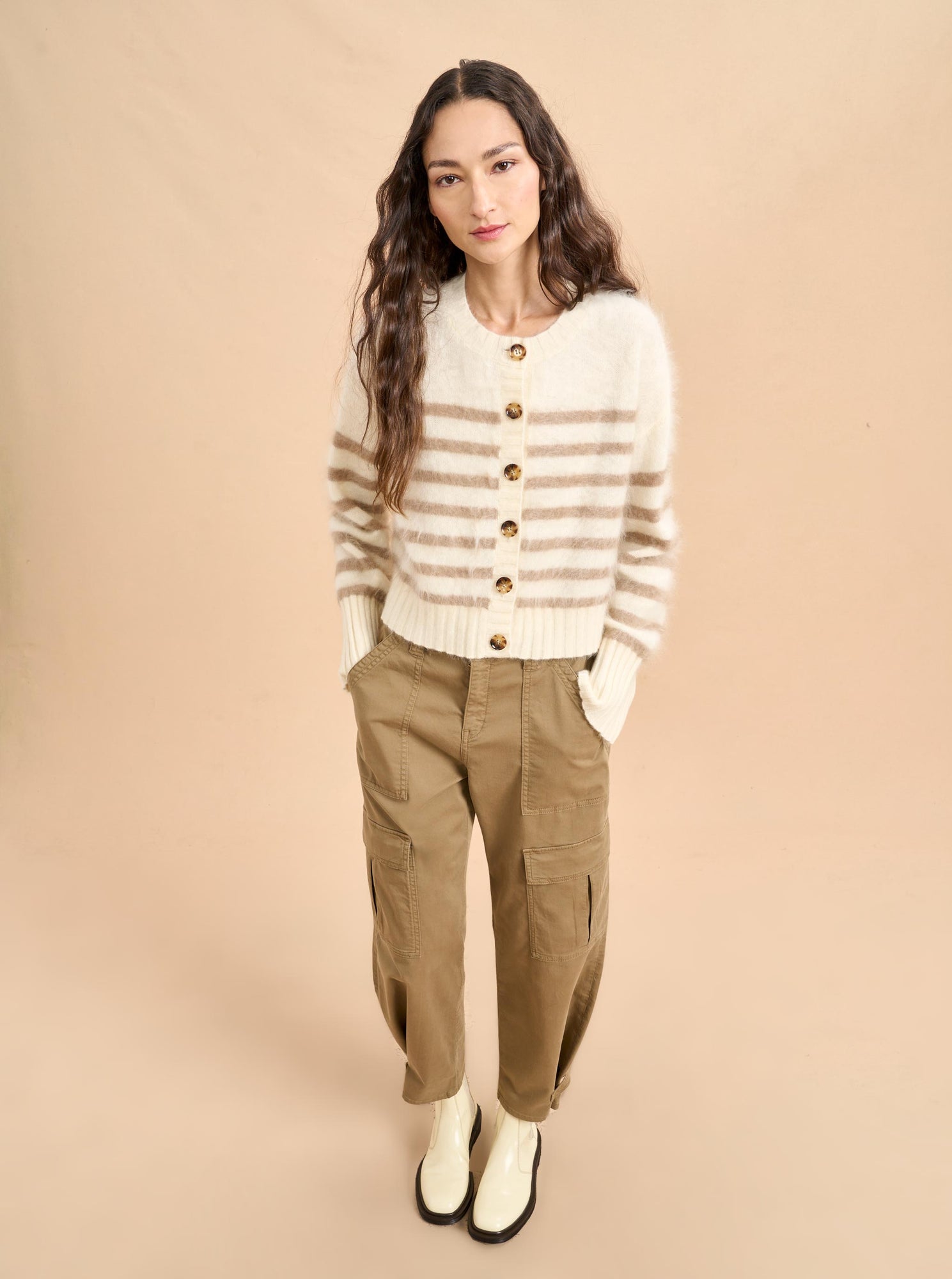 Striped Teddy Cardigan | Cream x Tan