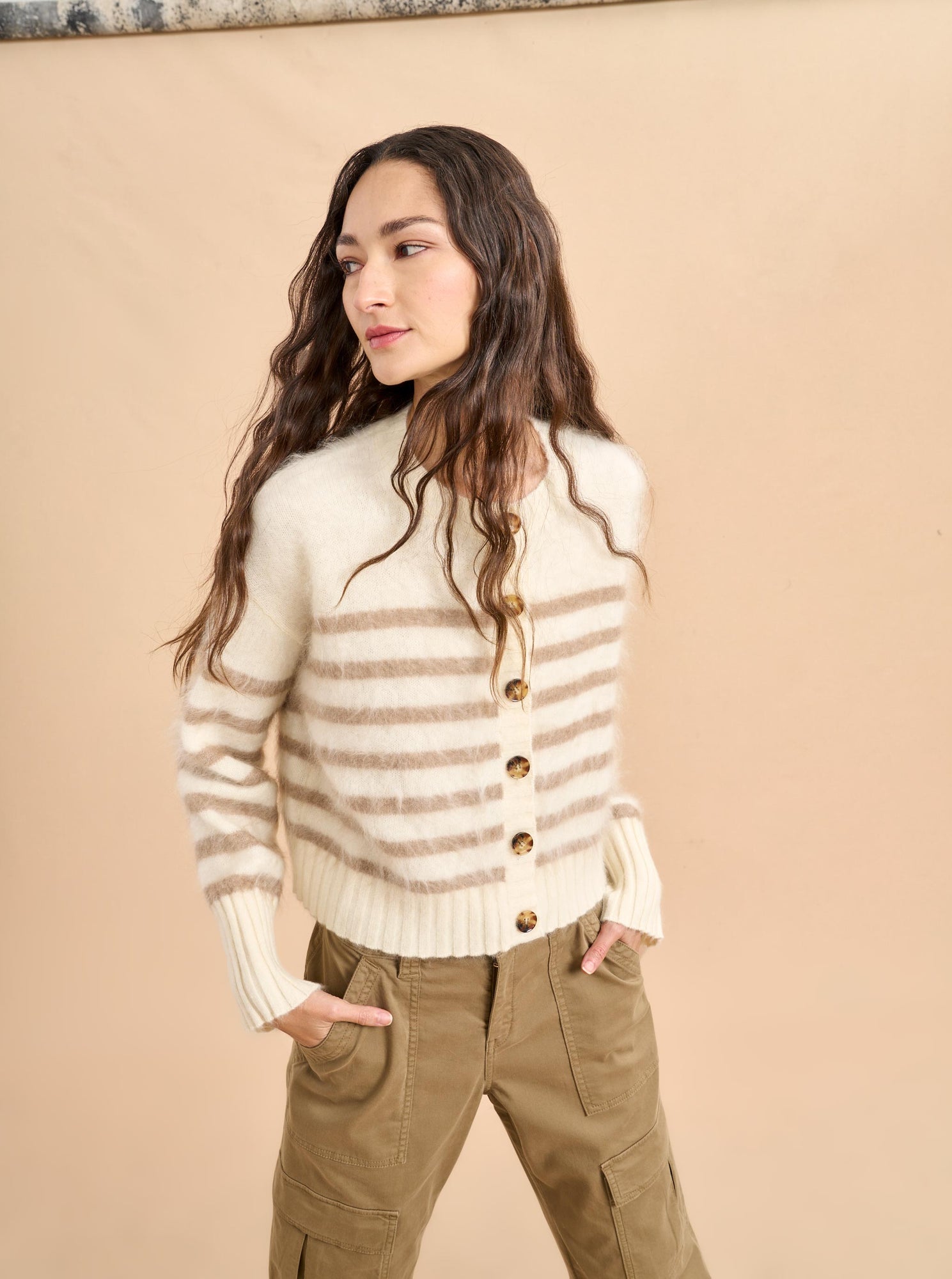 Striped Teddy Cardigan | Cream x Tan