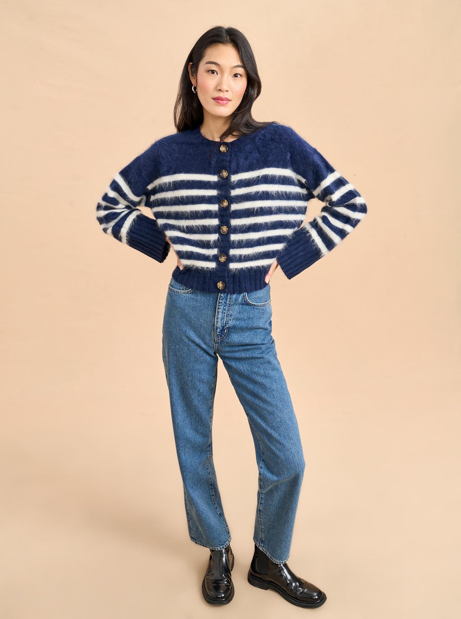 Striped Teddy Cardigan | Navy x Cream