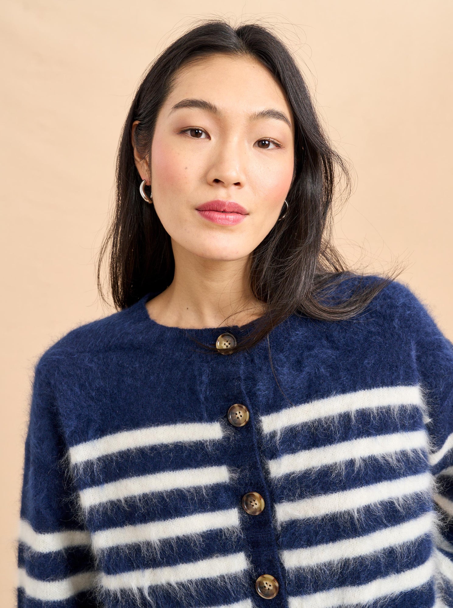 Striped Teddy Cardigan | Navy x Cream
