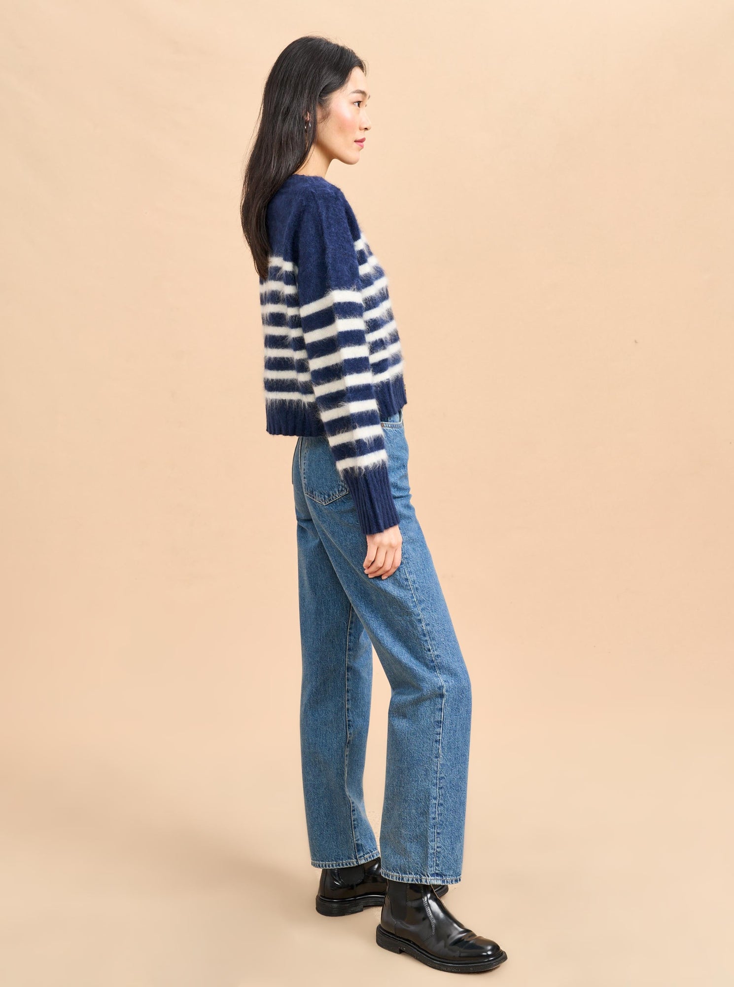 Striped Teddy Cardigan | Navy x Cream