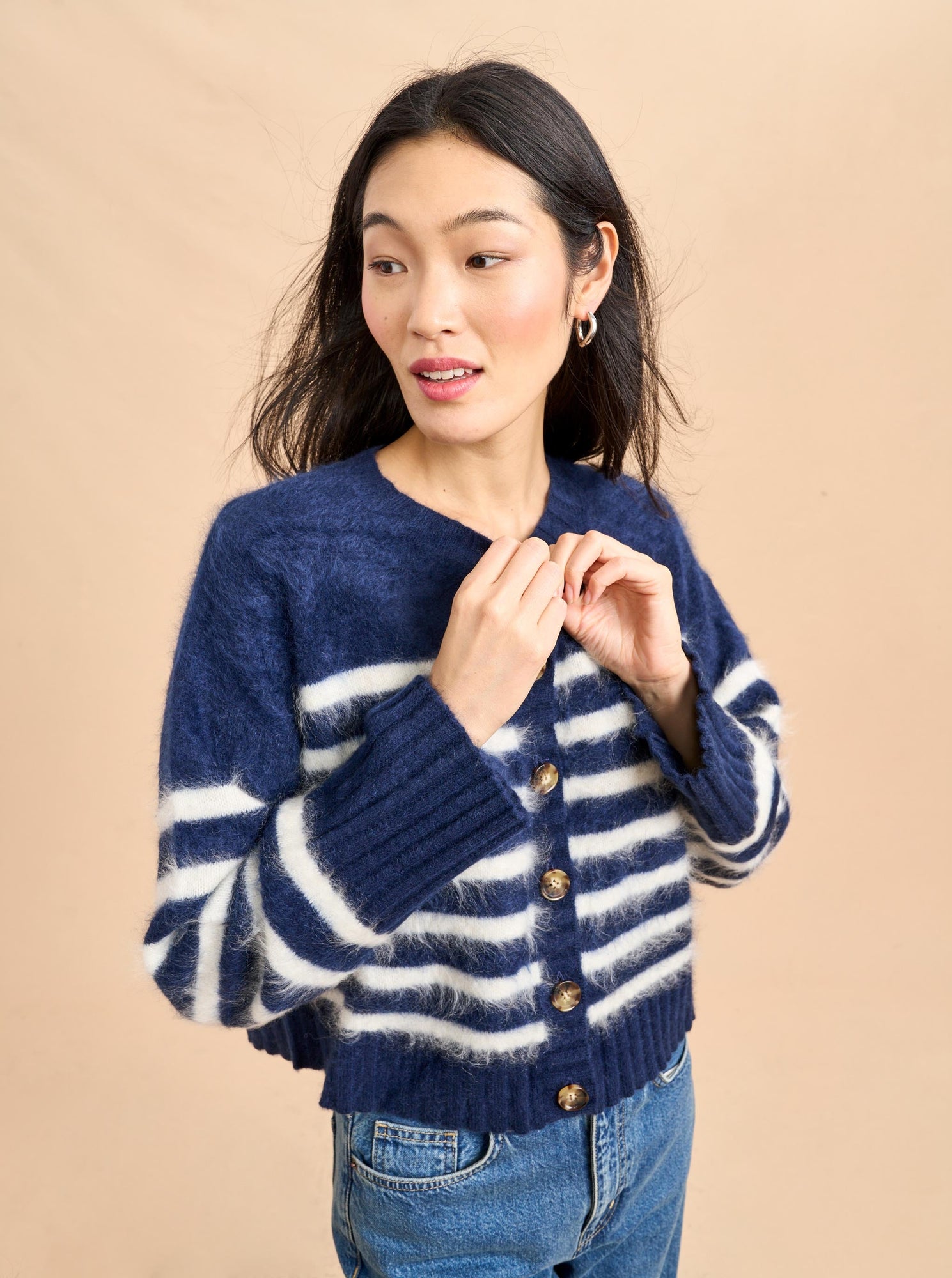 Striped Teddy Cardigan | Navy x Cream