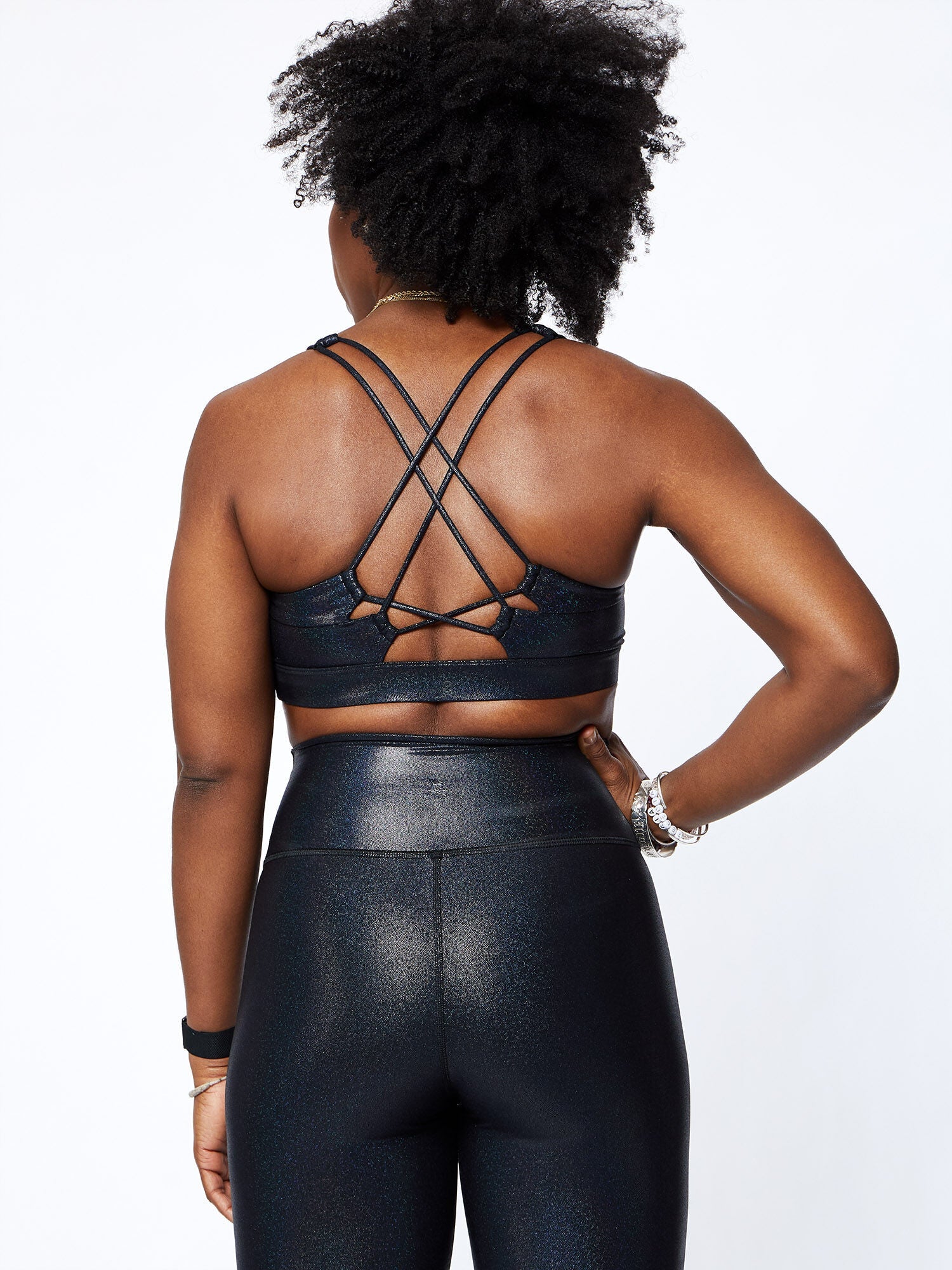 Women | Soul by SoulCycle | Looped X Back Disco Foil Bra | Black