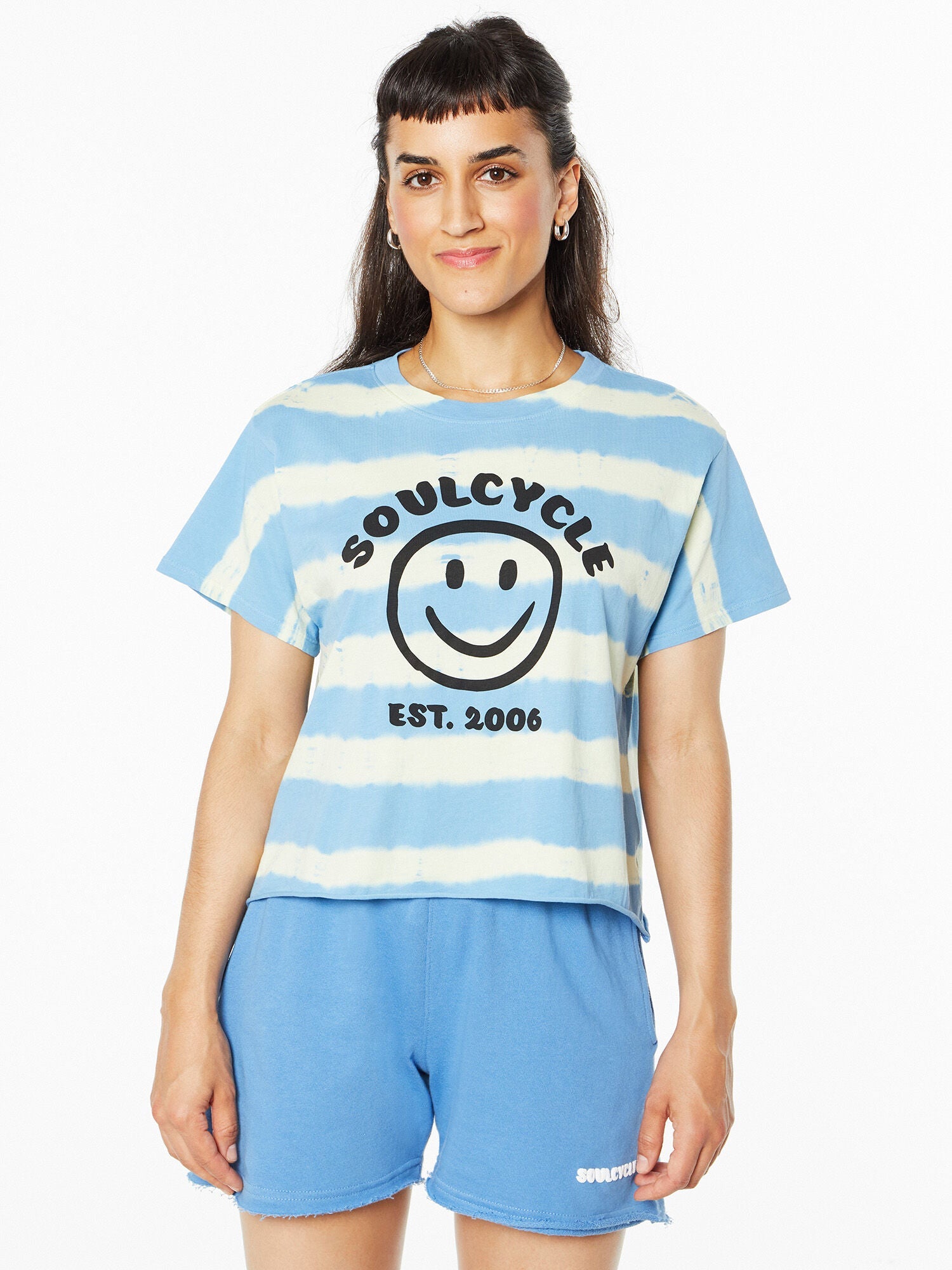 Women | Soul by SoulCycle | Gracie Raw Hem Boyfriend Tee Blue/Yellow | Tie Dye