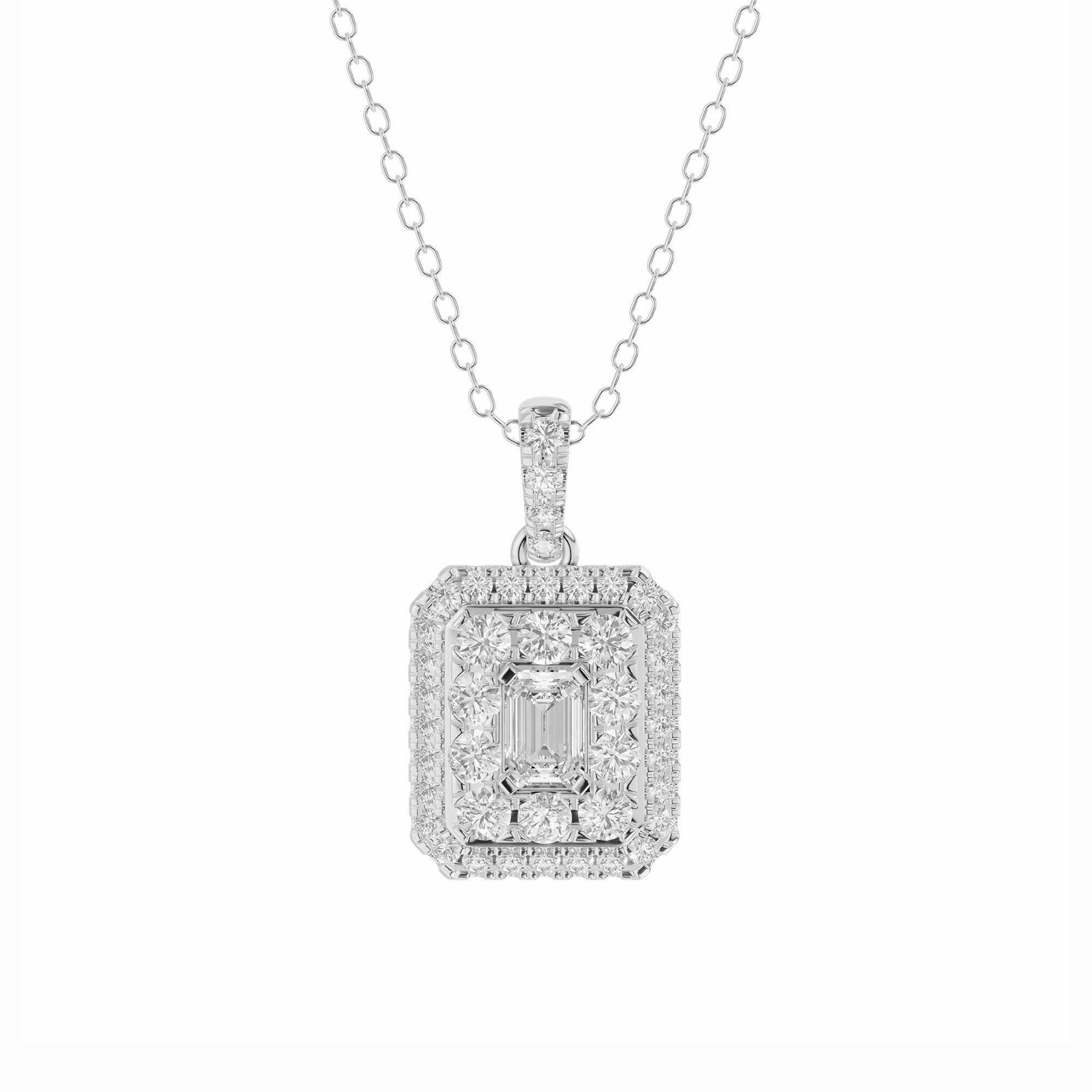 Womens | Halo Pendant Necklace | 14K White Gold | 1 CTW Emerald Cut Natural Diamond | D-I-I1-I2