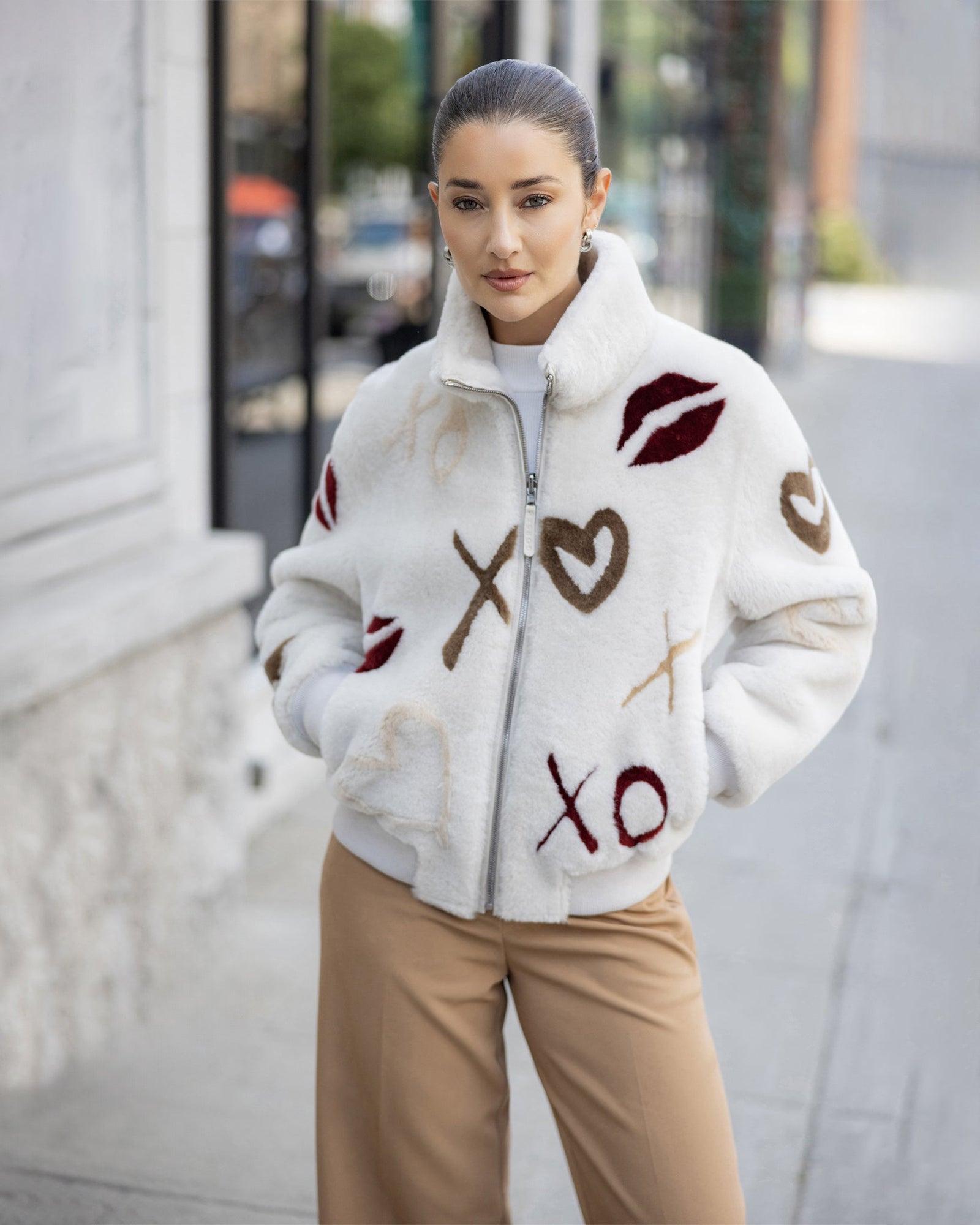Reversible Merino Shearing Lamb Bomber Jacket | Cream/Xo Multi