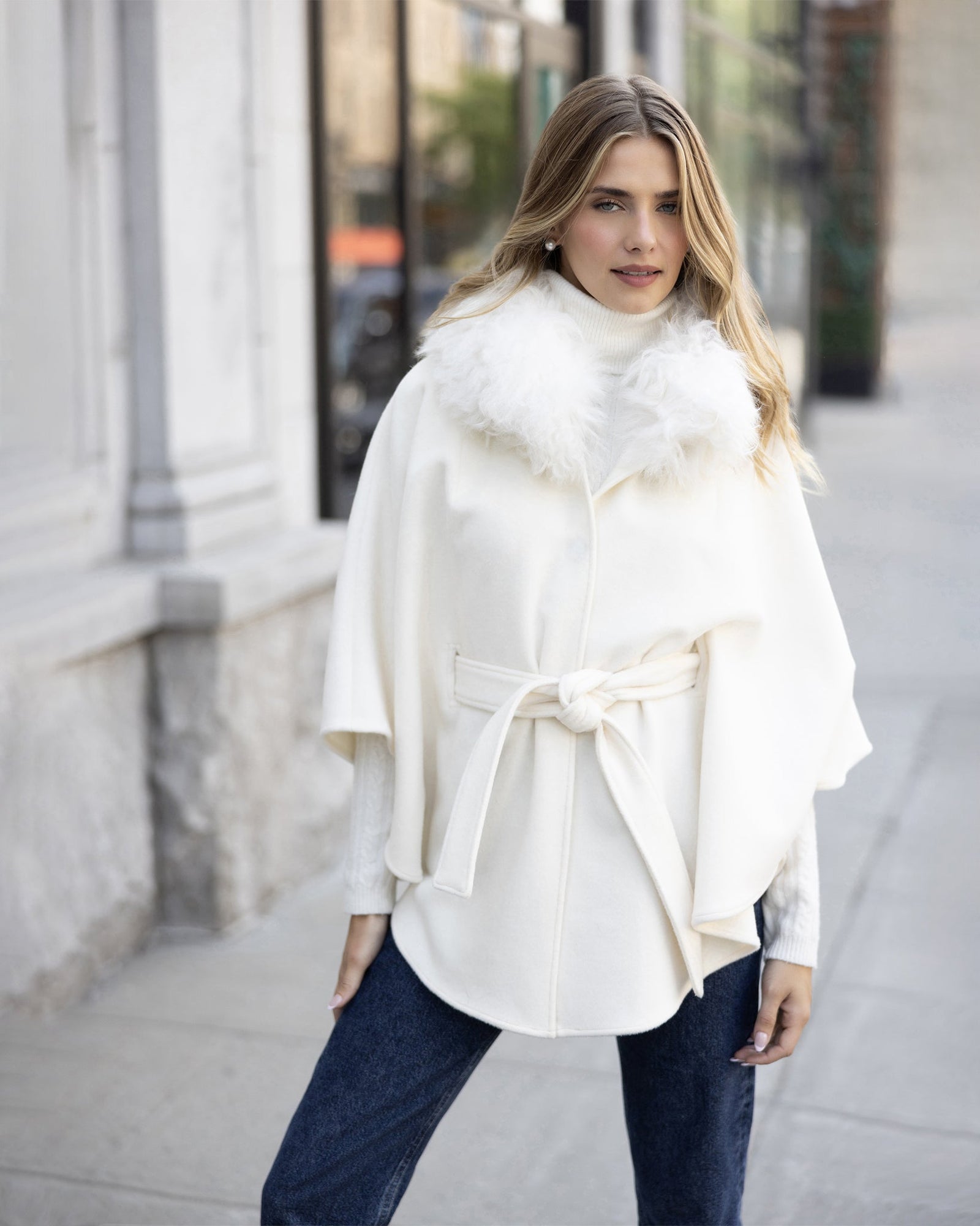 Select Wool Belted Cape with Select Lamb Collar | Ivory