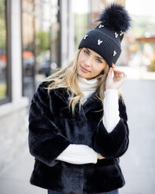 Knit Beanie Hat With Fur-Free Fox (Faux Fur) Pompom | Black/Black