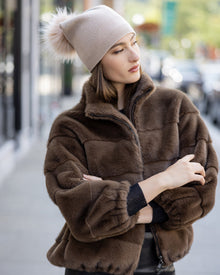 Knit Beanie Hat With Fur-Free Fox (Faux Fur) Pompom | Beige/Beige