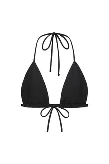 Black triangle bikini top with halter neck tie and adjustable side ties.