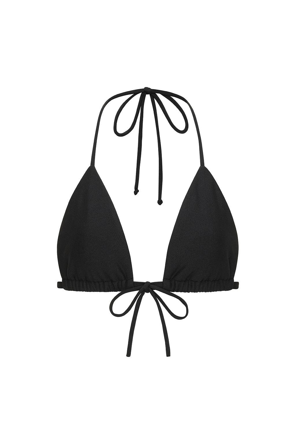 Black triangle bikini top with halter neck tie and adjustable side ties.