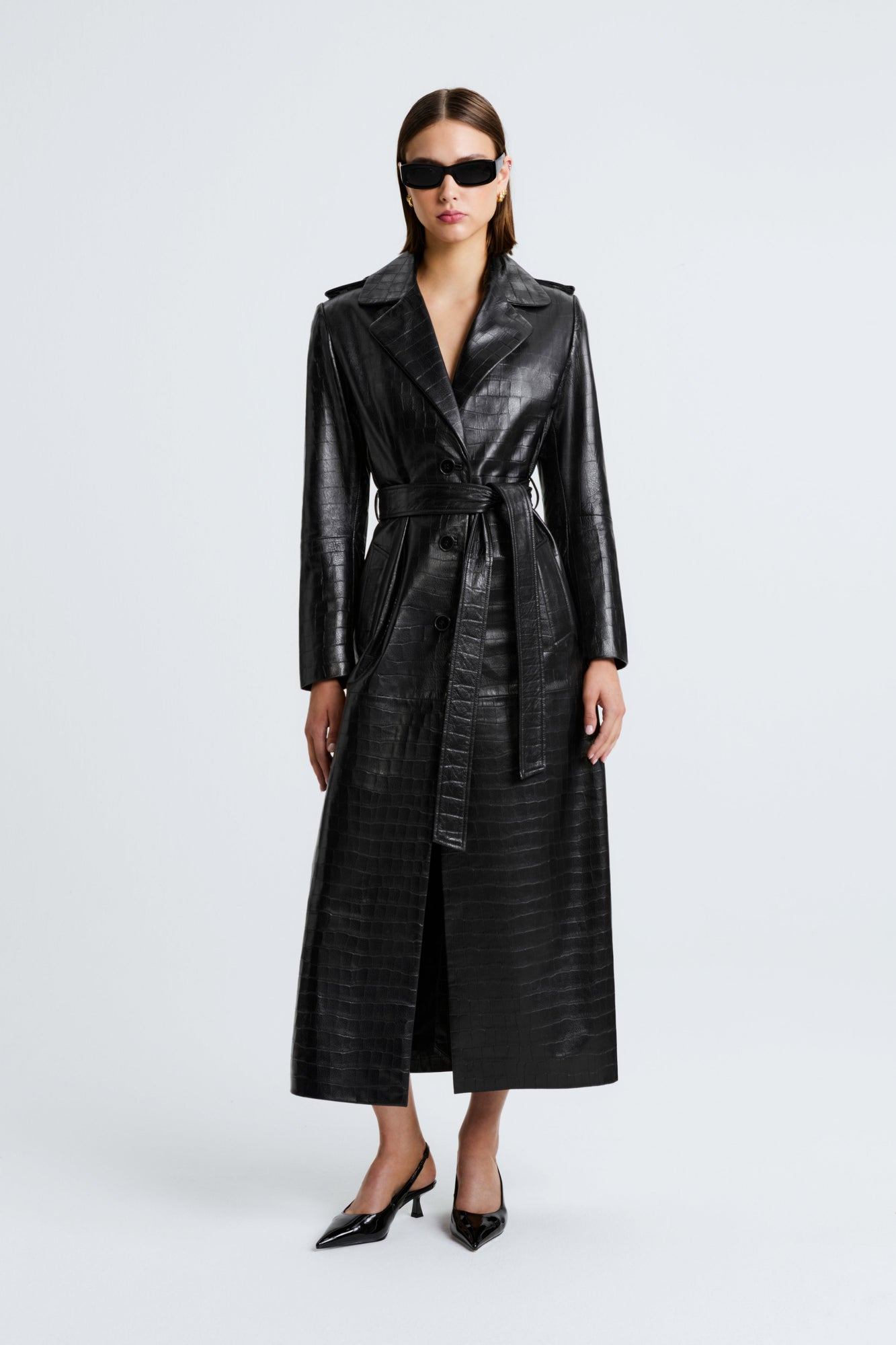 Scarlett | Polished Leather Trench | Black-Gloss-Croco