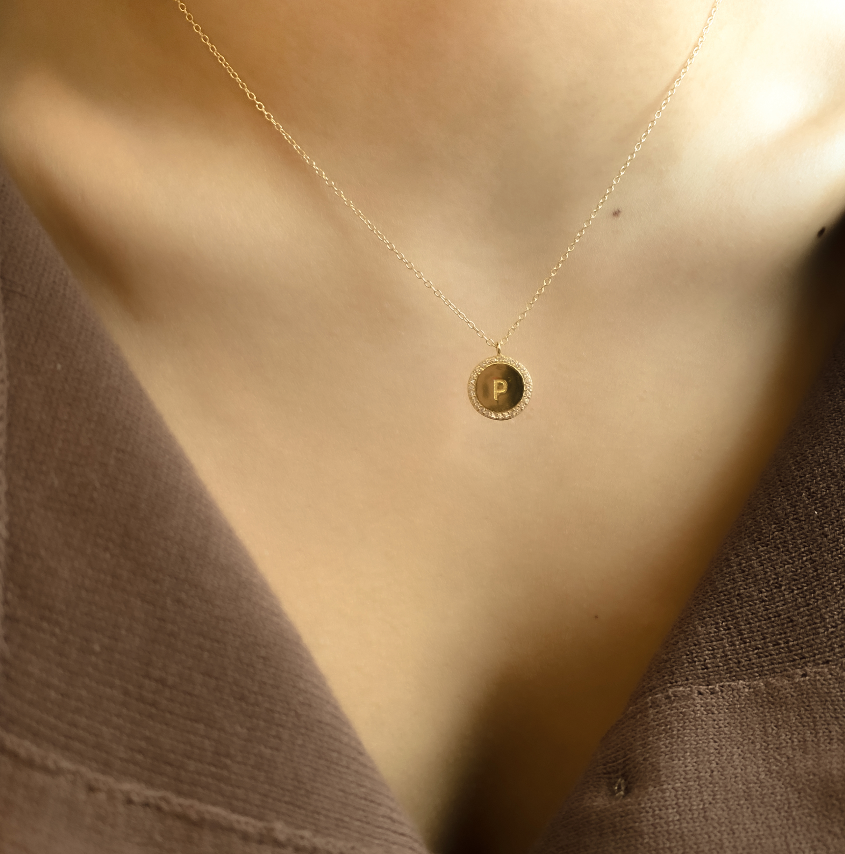 The Block Pave' Initial Disc Necklace | 18KT Gold Vermeil & Sterling Silver